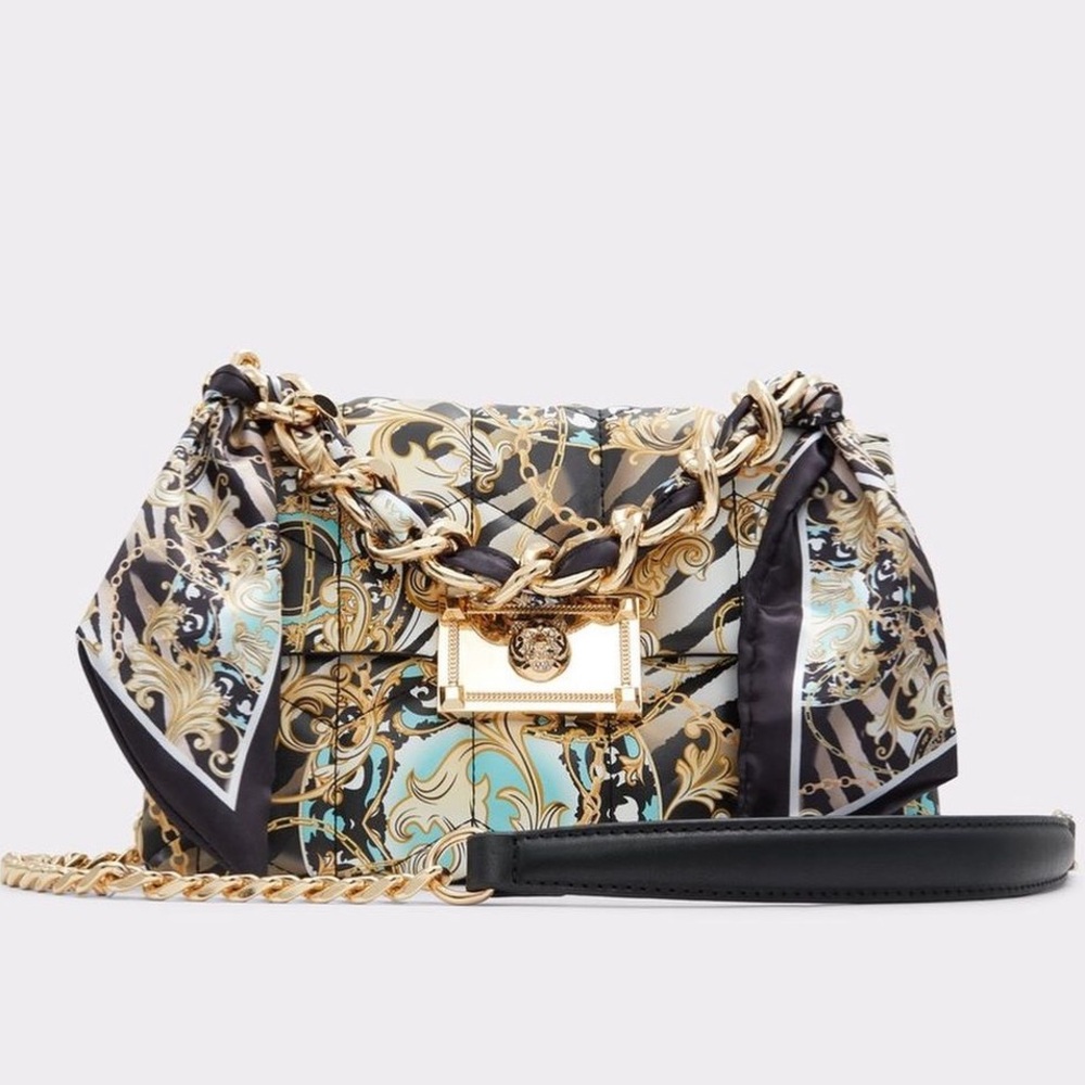 Aldo Baroque Print Handbag Gold Chain Scarf Detail